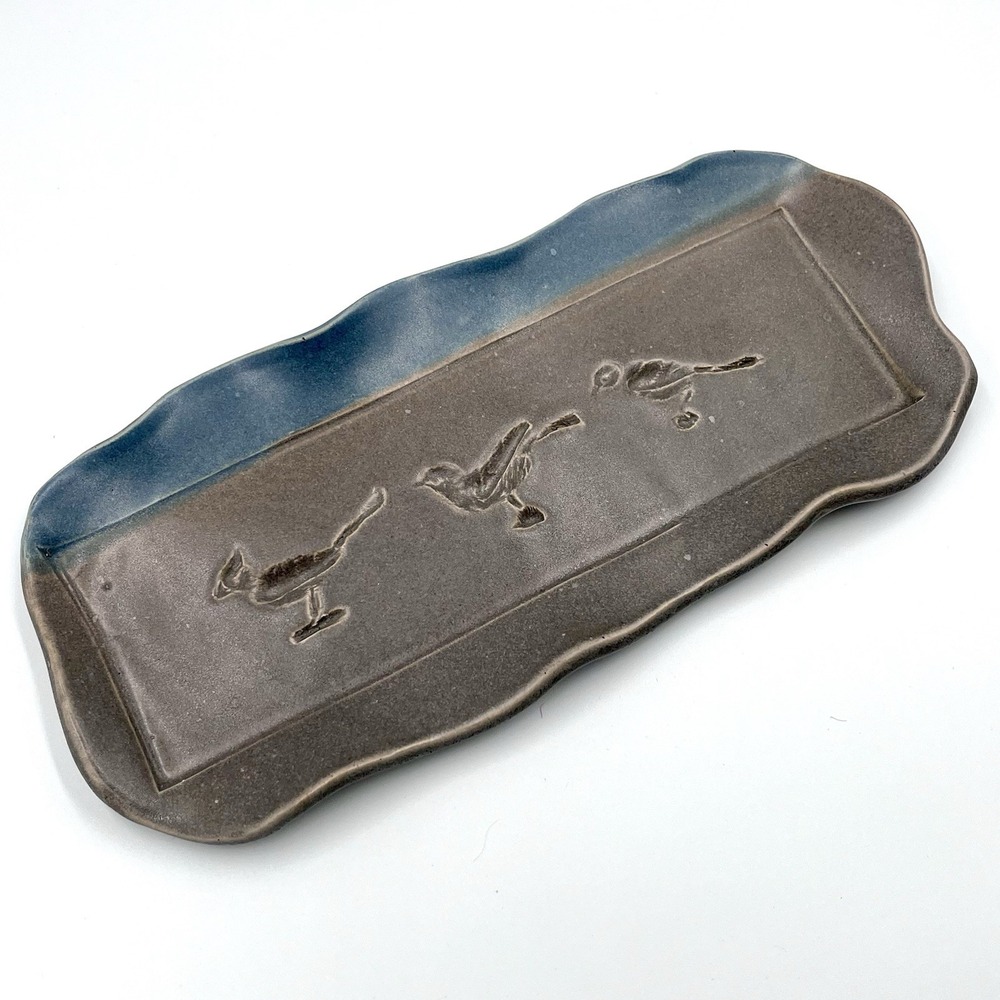 Studio Art Pottery Bird Tray 12" x 5" Denim Blue And Brown Glazed Unsigned